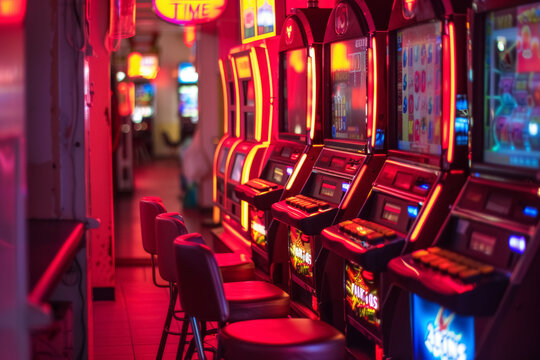 Row of Slot Machines in Vibrant Casino
