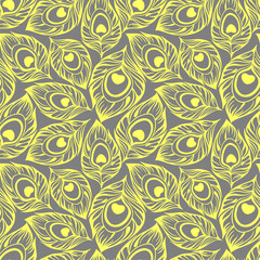 seamless pattern of yellow stylized peacock feathers on a gray background, texture, design