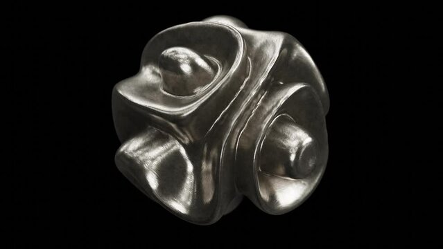 Realistic DOF abstract looping 3D animation of the morphing liquid aged silver metal form rendered in UHD with alpha matte