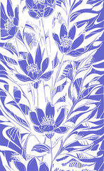 blue graphic contour drawing of a bouquet of flowers on a white background, design