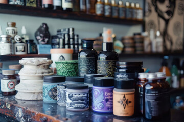 Vintage Apothecary Bottles on Wooden Shelves