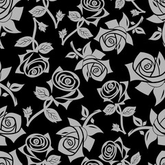 seamless graphic floral pattern of gray roses on a black background, texture, design