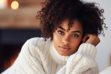 Beautiful African american Woman sitting on chair by the fireplace at modern house on nature during winter time. Concept of winter mood and comfort at home. Black Girl wearing white sweater