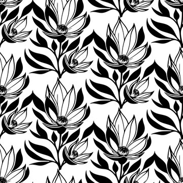 simple graphic seamless pattern black magnolia flower on white