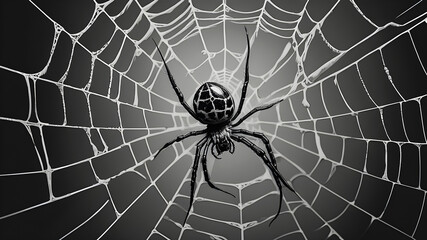 Obraz premium spider sits on a web on a black background. mystical black and white illustration