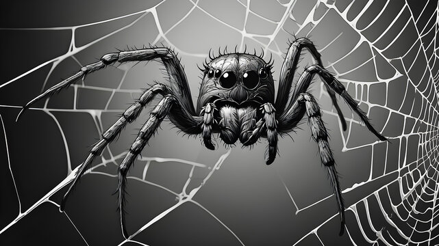 spider sits on a web on a black background. mystical black and white illustration