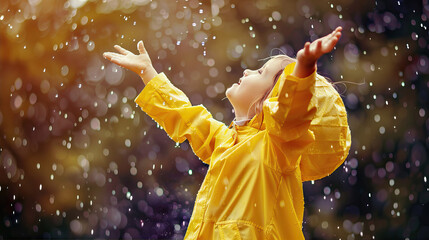 Little girl in a yellow jacket enjoys the rain
