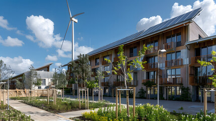 An energy-plus residential building generating more energy than it consumes equipped with solar panels and wind turbines. - obrazy, fototapety, plakaty