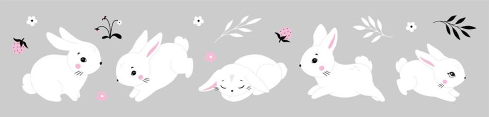 Cute white rabbit in various poses. Rabbit animal icon isolated on background. For Moon Festival, Chinese Lunar Year of the Rabbit, Easter decor. White Easter bunny, hare. Wild animals, baby animals