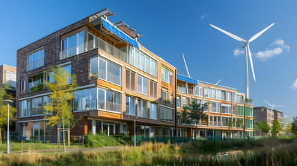 An energy-plus residential building generating more energy than it consumes equipped with solar panels and wind turbines.
