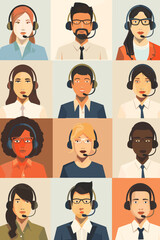 Diverse Call Center Customer Service Representatives Wearing Headsets, Providing 24/7 Online Technical Support and Assistance, Hotline Operators Ready to Help, Friendly and Professional, Vector Illust