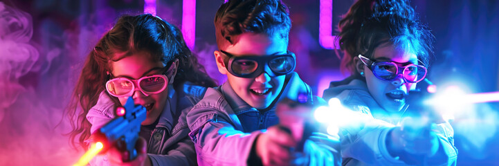 Children playing Laser Tag poster with copy space. - 785641608