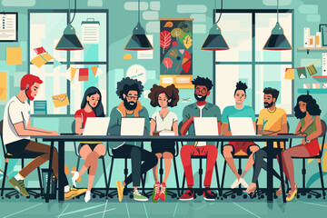 Diverse Group of Creative Professionals Collaborating on Innovative New Project, Brainstorming Ideas and Developing Strategies in Modern Office Setting, Vector Illustration