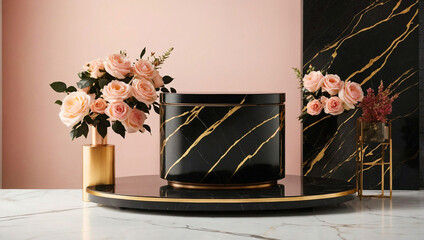a stylish product podium setup with a black and gold marble base, elegant floral arrangements, and a pastel backdrop