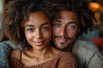 Romantic couple cozying up with tender smiles, displaying affection and modern love - obrazy, fototapety, plakaty