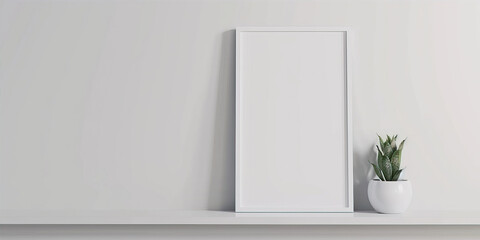 Blank white frame on white wall background
