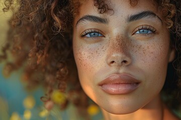 A young woman with natural beauty and freckles appears serene among yellow blossoms in a close-up portrait - obrazy, fototapety, plakaty