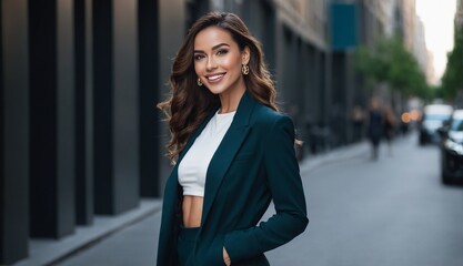 Woman posing in a trendy outfit on a city street
