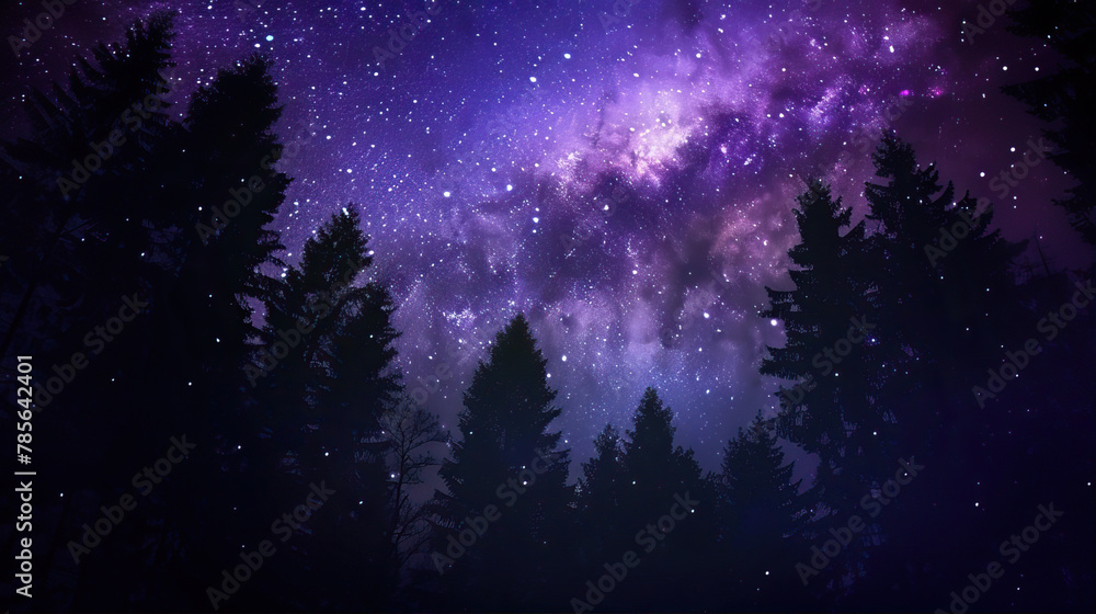 Poster Dark, purple starry sky over the forest
