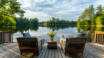 An expansive outdoor deck overlooking a serene lake with comfortable lounge furniture. - obrazy, fototapety, plakaty