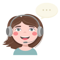 Girl with a headset, communication with people, technical support. Vector illustration.