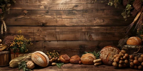 Abwaschbare Fototapete Assorted Fresh Baked Bread on Wooden Table © Rene Grycner