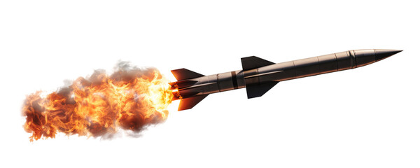 Obraz premium A missile with fire trail isolated on transparent background.