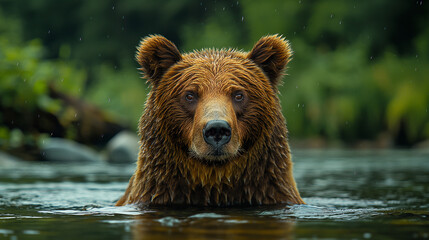 Obraz premium A brown bear, a powerful wild animal, swims in a river surrounded by nature