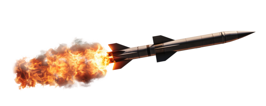 A missile with fire trail isolated on transparent background.