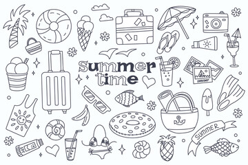 Hand drawn summer doodles. Set of summer elements. Collection of icons on the theme of holidays, vacations, travel
