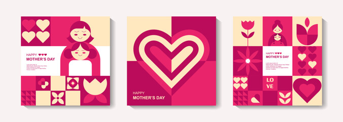 Set of Mother's Day poster, greeting card, banner, label, sale promotion template, cover in geometric style. Geometric print, pattern. Vector illustration.	