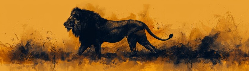 Abstract exploration meets scientific inquiry as a majestic lion symbolizing strength in research emerges from a minimalist black and yellow watercolor background. - obrazy, fototapety, plakaty