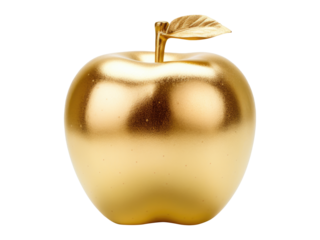 A golden apple with a leaf isolated on transparent background.
