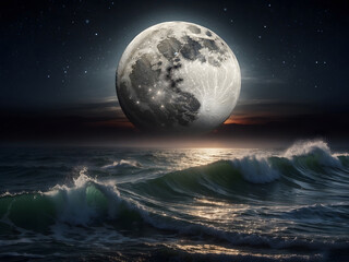 Captivating views include ocean waves of the crescent moon signalling the full moon rising over the empty ocean at night and background and wallpaper design.