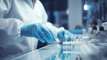 Fototapeta premium hand with sanitary gloves check Medical vials on production line at pharmaceutical factory, Pharmaceutical machine working pharmaceutical glass bottles production line.