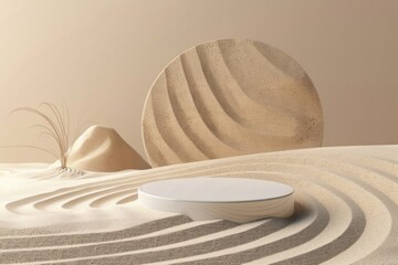 Minimal modern product display with neutral beige podium in sand