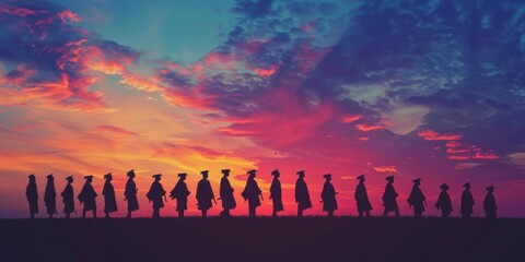 Panoramic Graduation Ceremony Web Banner: Students in Silhouette with Graduate Caps Against Sunset Skyline