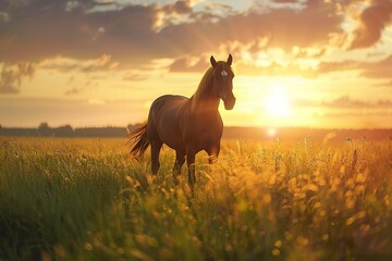 Beautiful horse on green field - obrazy, fototapety, plakaty