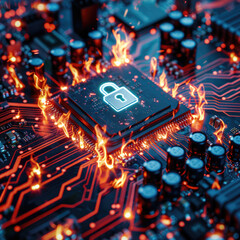 Fototapeta na wymiar a burning firewall surrounding a padlock on a sophisticated circuit board, cybersecurity, malware attack, computer virus