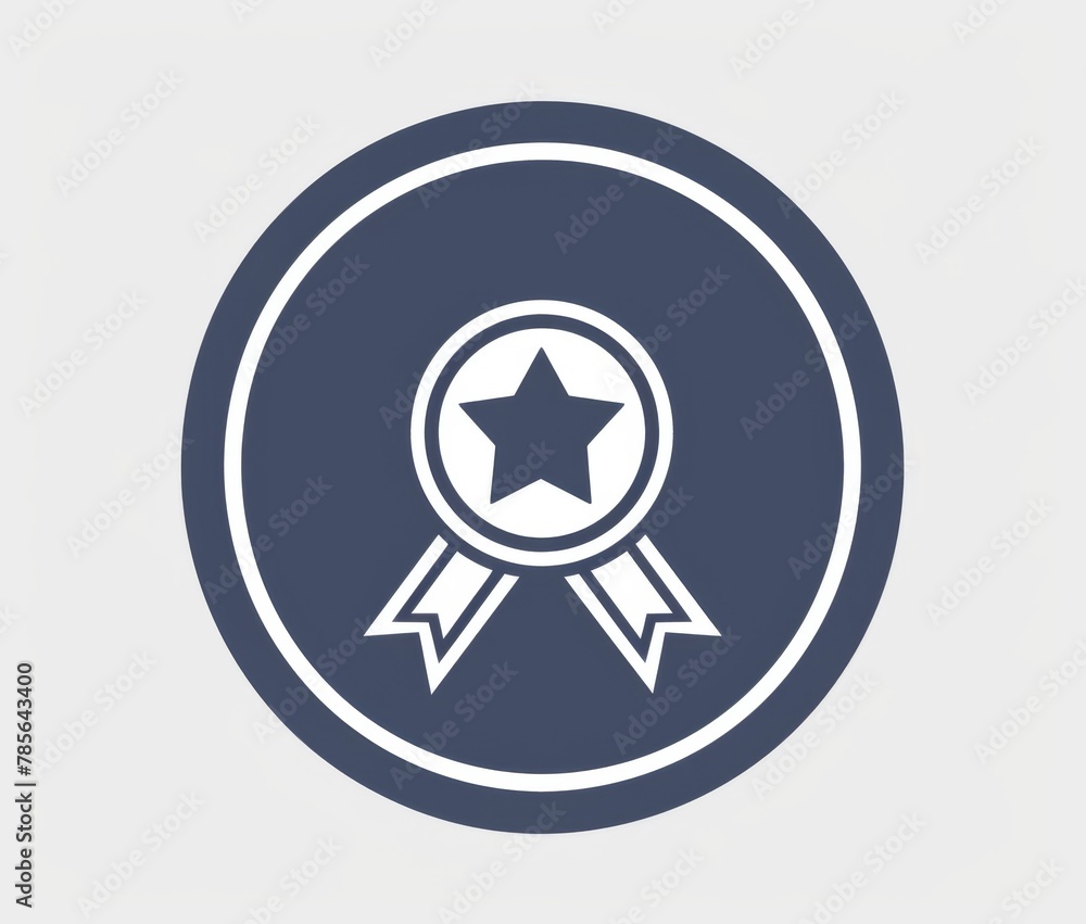 Poster simple minimalistic line art icon of a badge with ribbon against a navy blue circular background wit