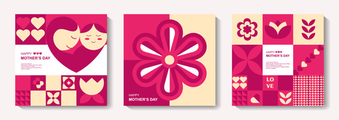 Set of Mother's Day poster, greeting card, banner, label, sale promotion template, cover in geometric style. Geometric print, pattern. Vector illustration.	