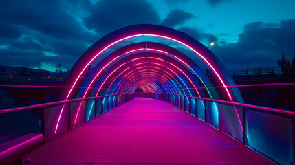 An innovative pedestrian bridge that uses kinetic energy from foot traffic to power LED lights creating a dynamic and interactive light show at night. - obrazy, fototapety, plakaty