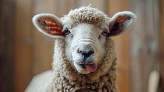 What a cute funny sheep. Portrait of sheep showing tongue.