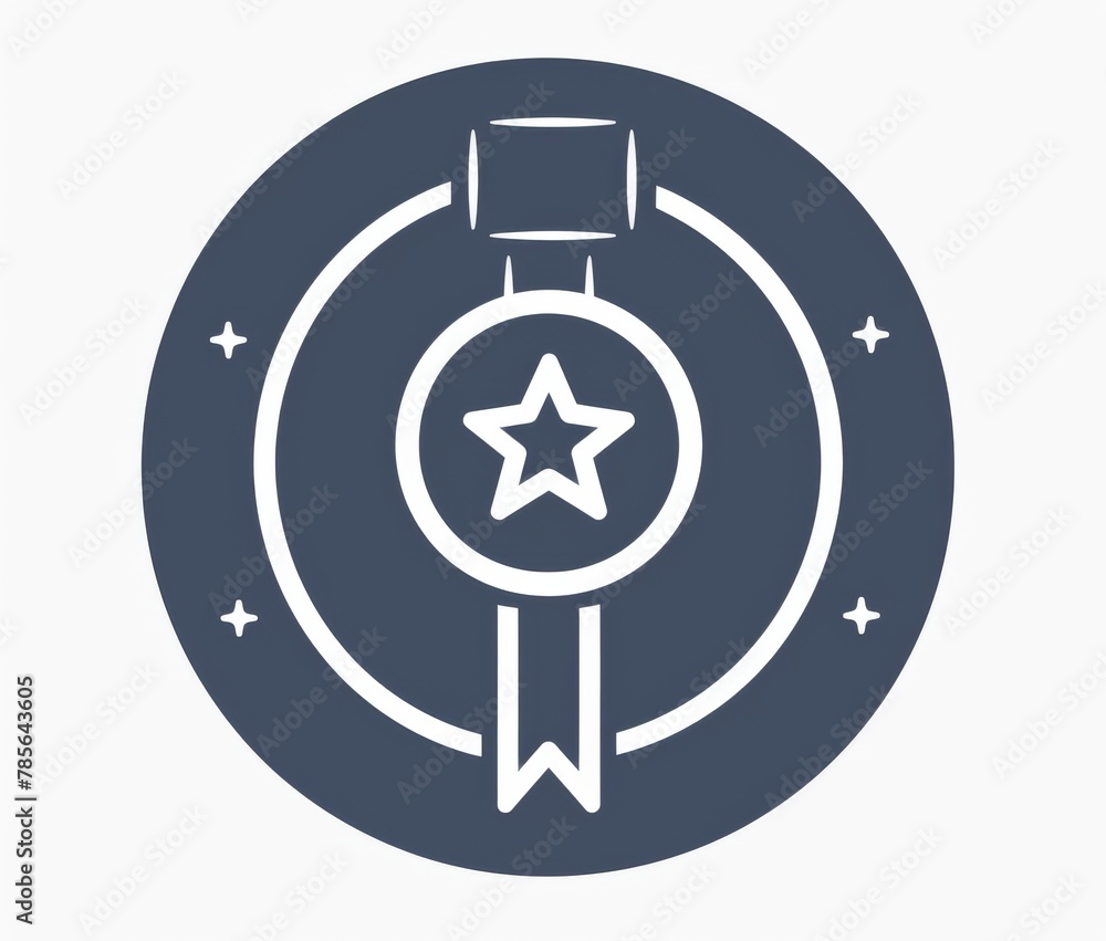 Poster simple minimalistic line art icon of a badge with ribbon against a navy blue circular background wit