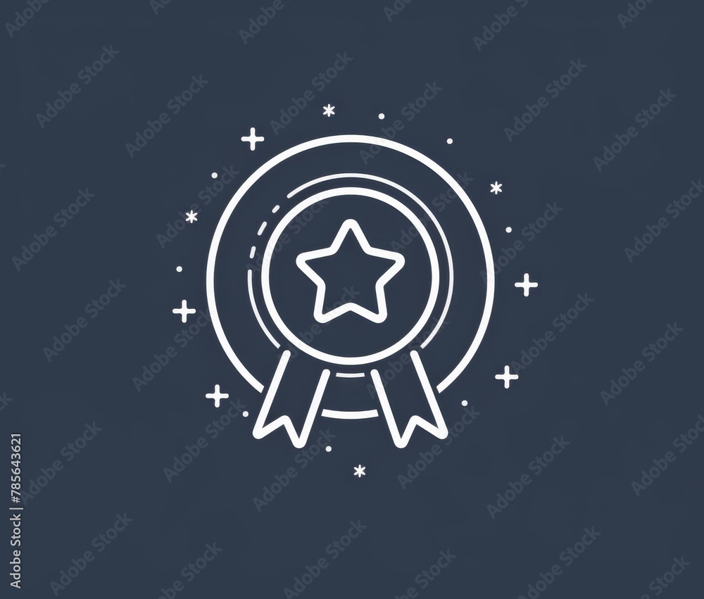 Poster simple minimalistic line art icon of a badge with ribbon against a navy blue circular background wit