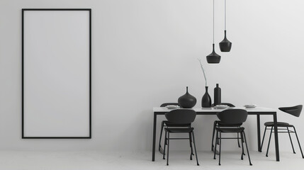 A large white poster in a black frame on the wall near the table.
