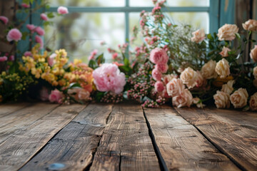Rustic Wooden Table with Blooming Peonies and Roses by Window - obrazy, fototapety, plakaty