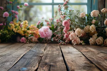 Fototapeten Rustic Wooden Table with Blooming Peonies and Roses by Window © smth.design