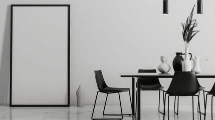 A large white poster in a black frame on the wall near the table.
