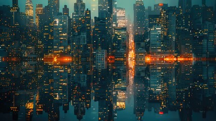 cityscape at twilight where the buildings above and their reflections below merge into one continuous metropolis